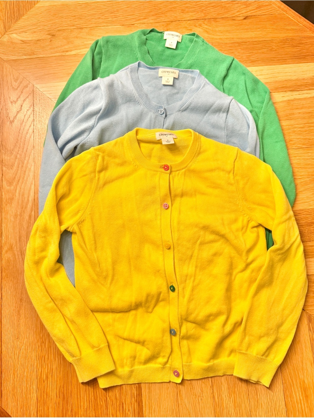 3 Crewcuts kids size 8 Button-Front Cardigan Sweaters: yellow, blue, and green